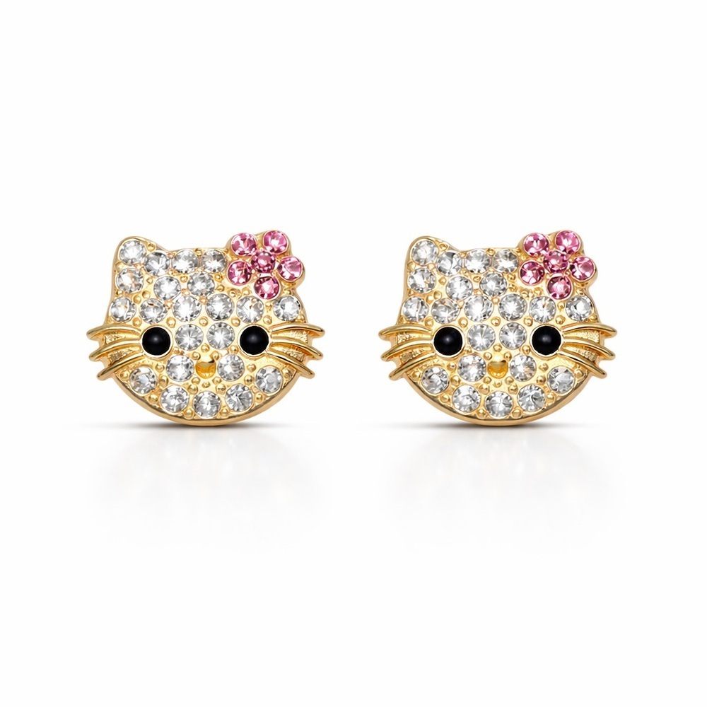 Gold and Pink Cat Face Earrings